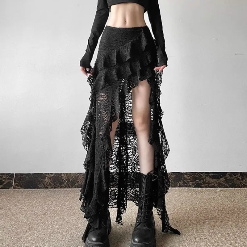 Falda gótica de los años 2000, ropa de verano para mujer, ropa de calle Gyaru Kpop de encaje de cintura alta, falda larga estética informal para mujer, faldas de Hip hop