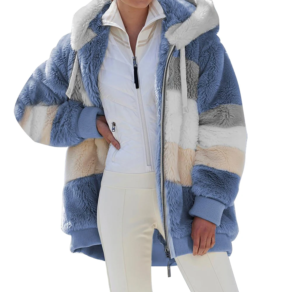 Übergroße Jacke für Frauen Mantel 2024 Herbst Winter Warme Plüsch Tasche Mit Kapuze Streetwear Lose Dame Zipper Kaschmir Oberbekleidung Mantel
