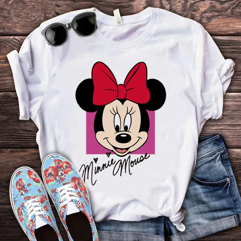 Disney Kawaii Mickey Mouse Kaus Kartun Wanita Y2K Kaus Uniseks Minnie Mouse Pasangan Kaus Lucu Pola Harajuku Atasan Wanita