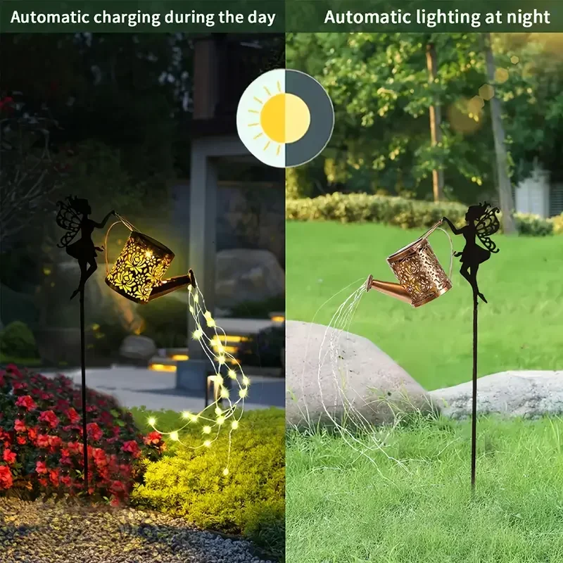 Luzes de fadas de rega movidas a energia solar vintage metal pendurado chaleira lanterna decoração do jardim ao ar livre para quintal pátio villa decoração