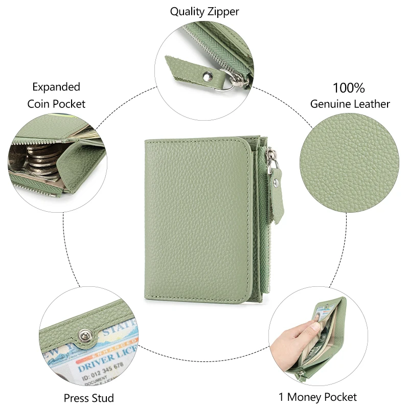 ผู้หญิงหนังแท้กระเป๋าสตางค์สั้นบาง RFID Blocking Bi-Fold กระเป๋าสตางค์ผู้ถือบัตรเครดิตคลิปเงินกระเป๋าสตางค์ซิปกระเป๋าเหรียญ