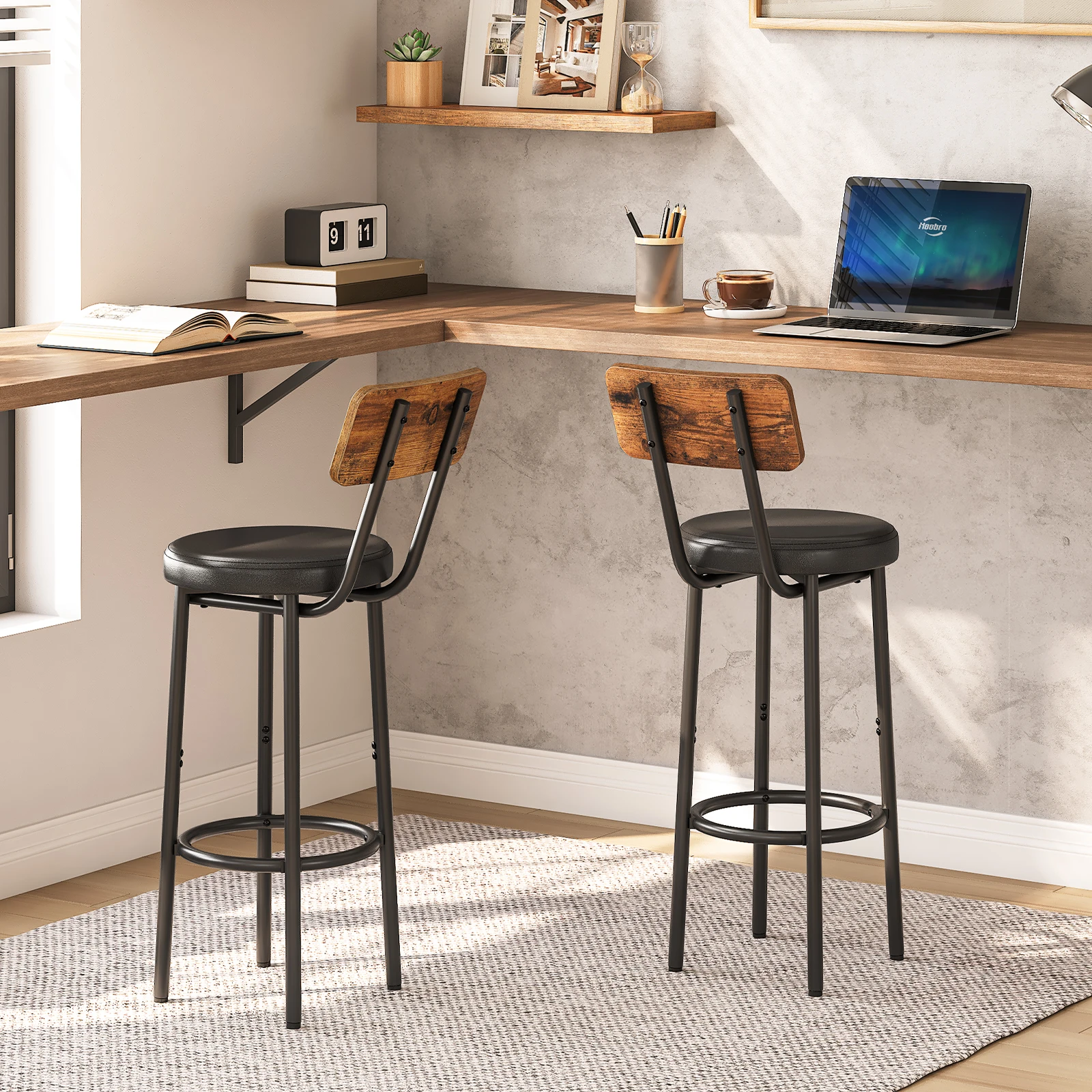 HOOBRO Bar Stools Bar Stools Set of 2 with PU Upholstered Bar Chairs with Footrest and Back  26" Bar Stools for Kitchen Island