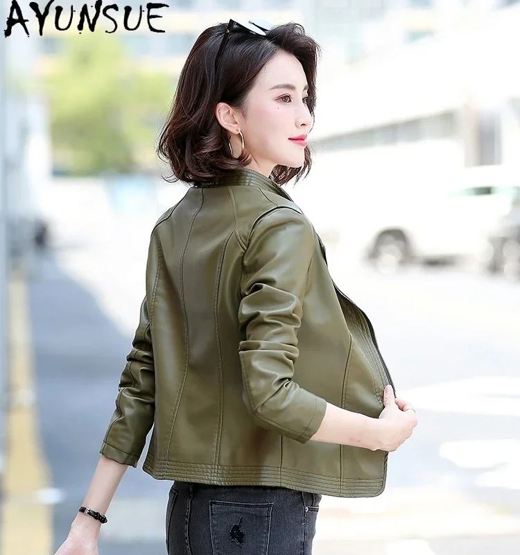 AYUNSUE Sheepskinของแท้หนังแจ็คเก็ตสตรีCropped Coatฤดูใบไม้ร่วงเสื้อผ้าผู้หญิงใหม่ในเสื้อSlim Fit Jaqueta Couro 2024