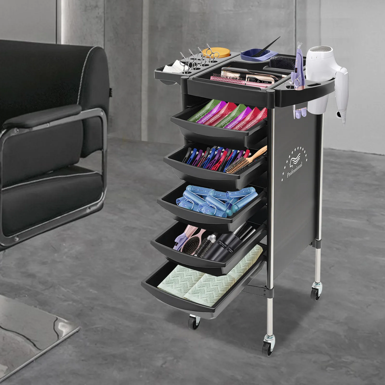 Carrello da parrucchiere multifunzionale a 6 livelli, 4 ruote, scomparti spaziali, struttura in acciaio inossidabile per strumenti da salone