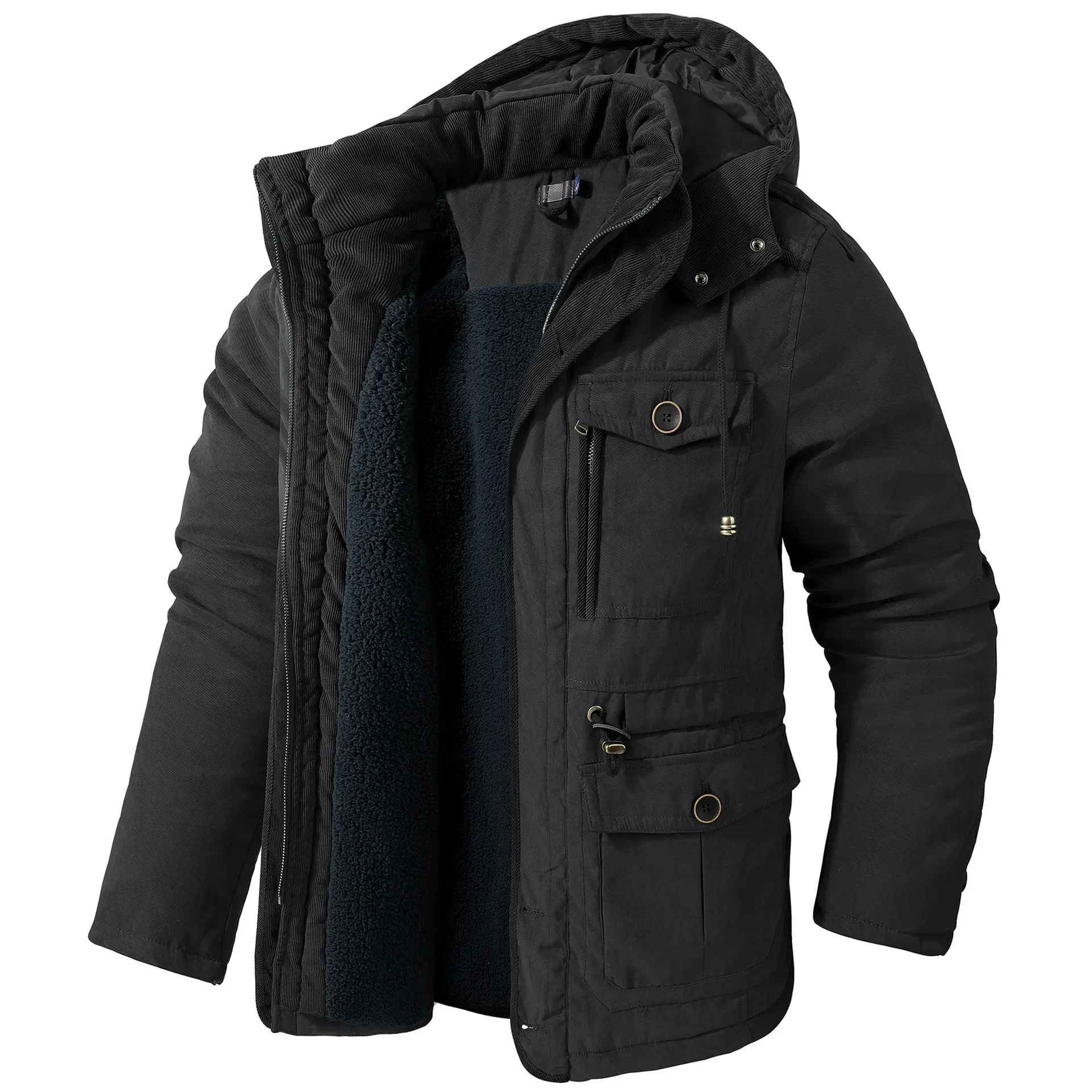 Chaqueta de lana de cordero con capucha para hombre, abrigo informal de longitud media con múltiples bolsillos, algodón grueso, talla grande de EE. UU., Invierno