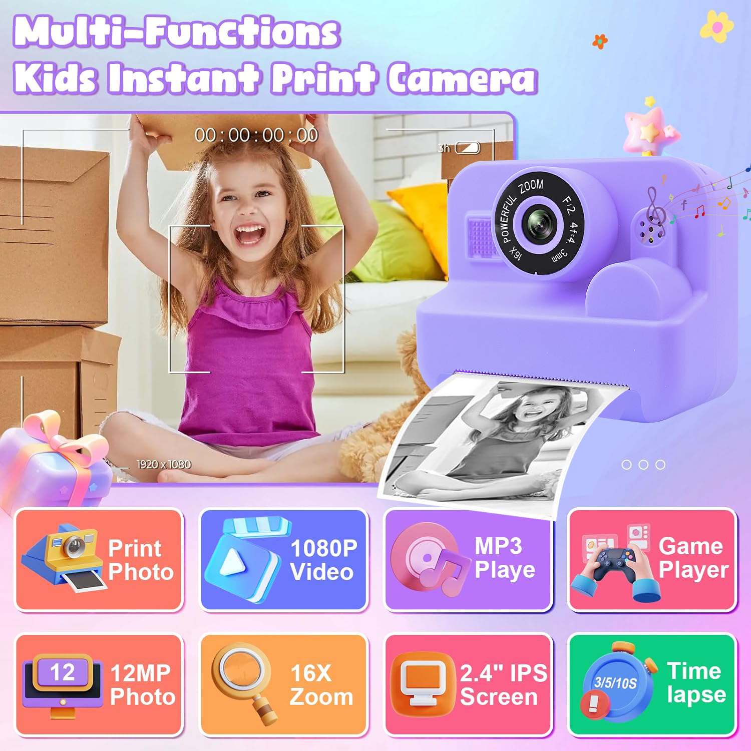 Câmera térmica de impressão instantânea com cartão 32G para crianças, mini câmera de vídeo digital HD, brinquedos educativos para meninos e meninas, presente de Halloween, 1080p