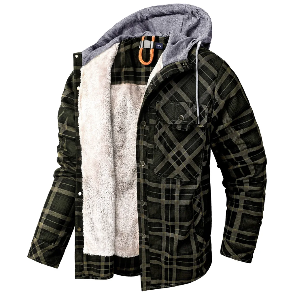 Winter Große Größe männer Hemd Jacke Baumwolle Mantel Männer Lange ärmeln Plüsch Verdickt Warm Halten Mit Kapuze Plaid Shirts UNS Größe 2XL