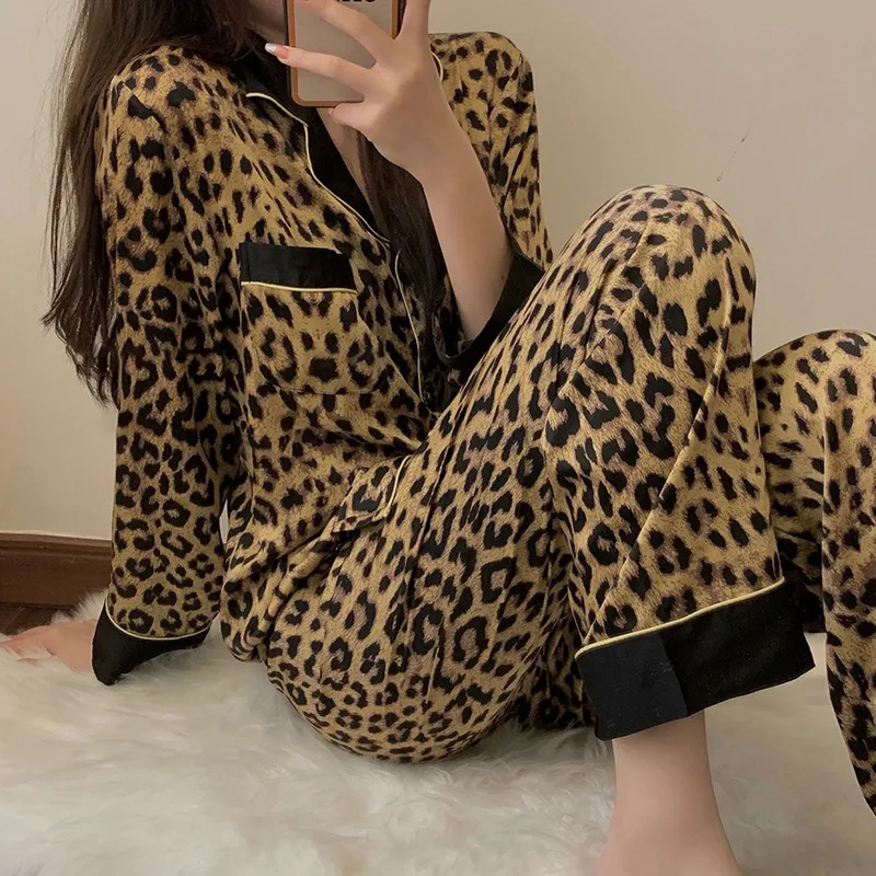 Thailand Frühling und Herbst Pyjama Set Damenmode Leopardenmuster Langarm Nachtwäsche Loungewear Damen Gehobene Homewear