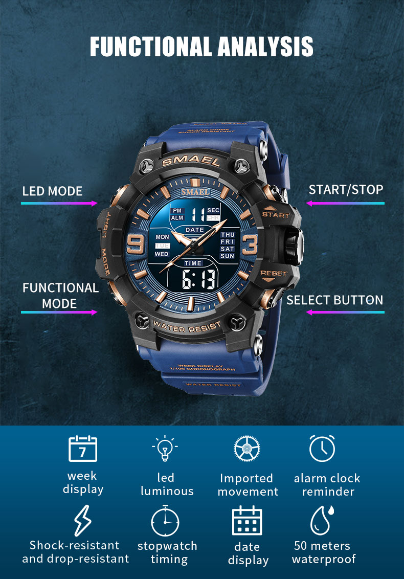 Smael Uhr Sport LED Licht Wecker Dual Time Display wasserdichte Woche Auto Datum Armbanduhren Quarz