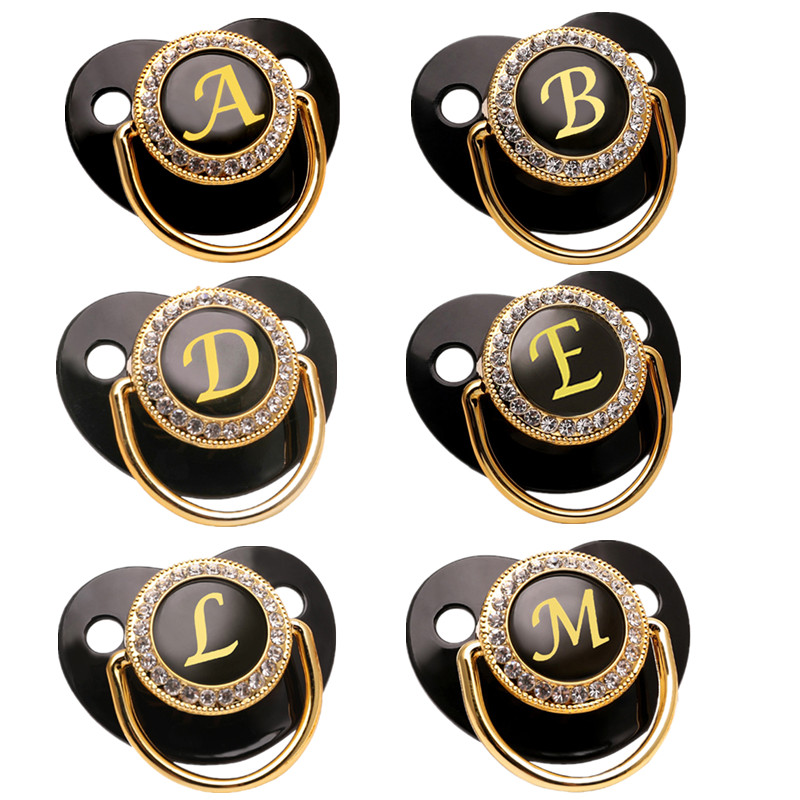 Baby Pacifier ชื่อ 26 จดหมายเริ่มต้นสีดํา Bling Pacifier BPA ฟรีซิลิโคนทารกแรกเกิดจุกนมทารกแรกเกิด Dummy Soother Chupete