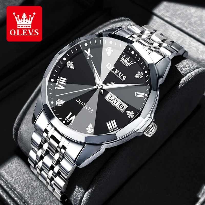 Relojes OLEVS para hombre, reloj de cuarzo Original con espejo rombo para hombre, reloj de pulsera luminoso resistente al agua de acero inoxidable, fecha y semana para hombre