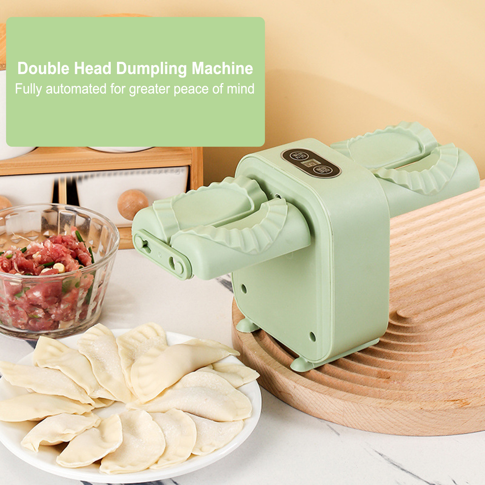 Mesin pembuat pangsit elektrik kepala ganda, alat dapur otomatis pembuat cetakan pangsit rumah tangga