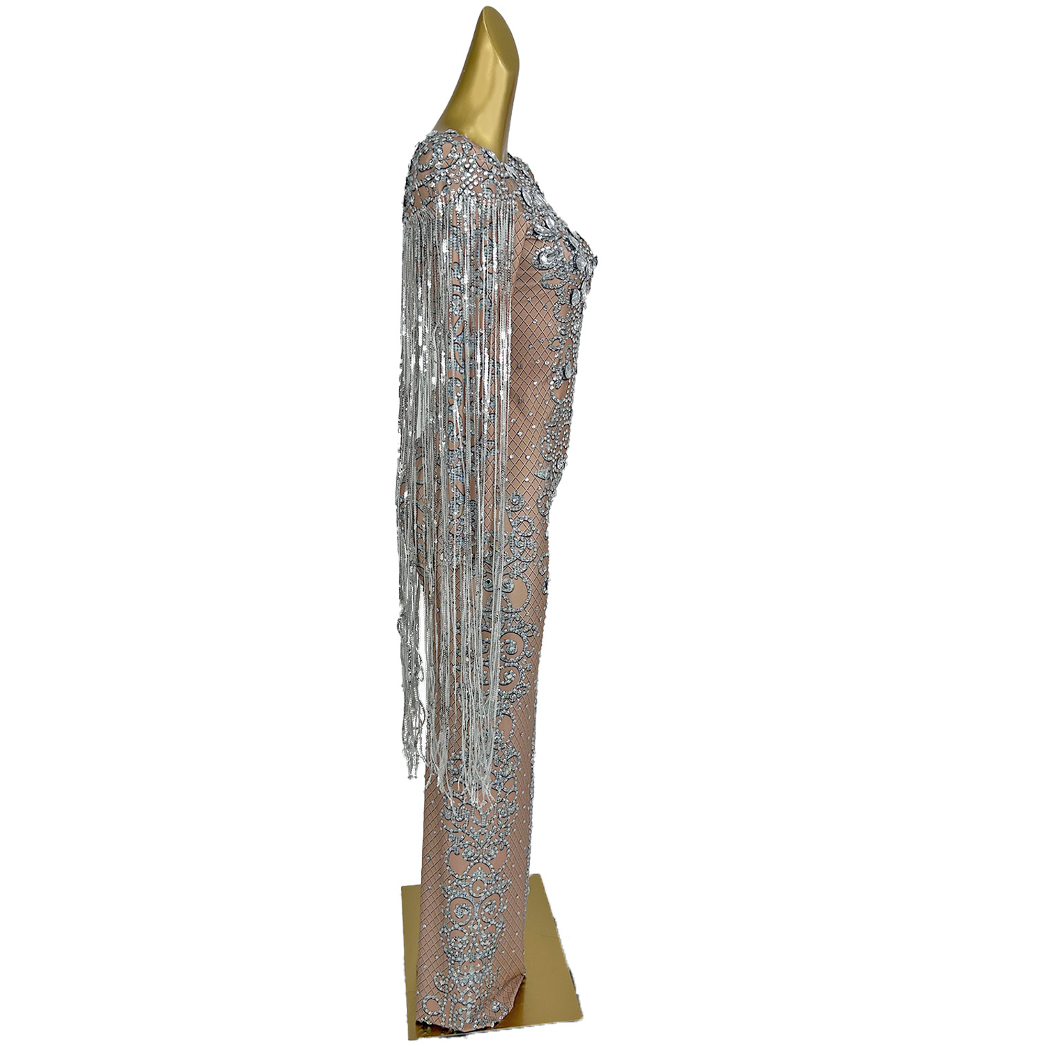 スパンコールの長いタッセルドレス,パーティードレス,ウエディング,結婚式,地面の長さ,ラインストーン,歌手のステージ,ガラ,shuiliandong