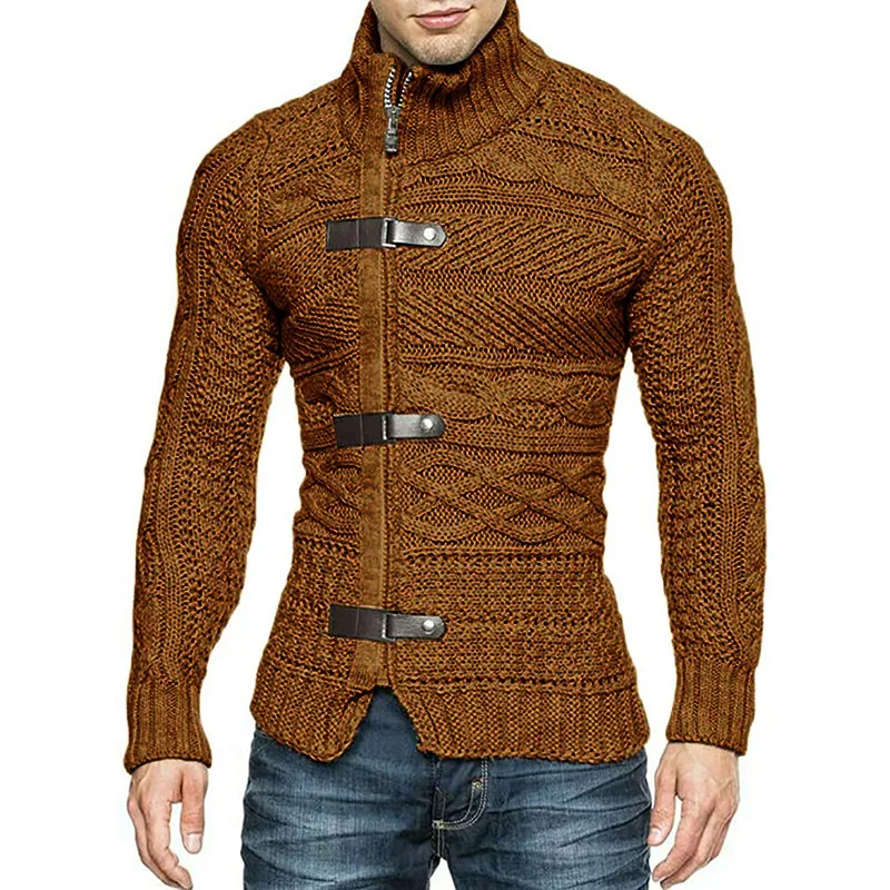 Herbst Winter Herren Rollkragenpullover Mantel Mode Leder Schnalle Langarm Strickjacke Mantel Große Größe Stricken Herren Kleidung