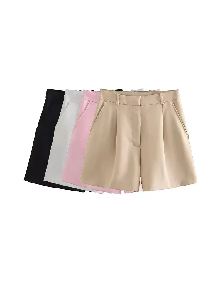 Women Fashion Side Pockets Front Darts Bermuda Shorts Vintage High Waist Zipper Fly Female Short Pants Mujer