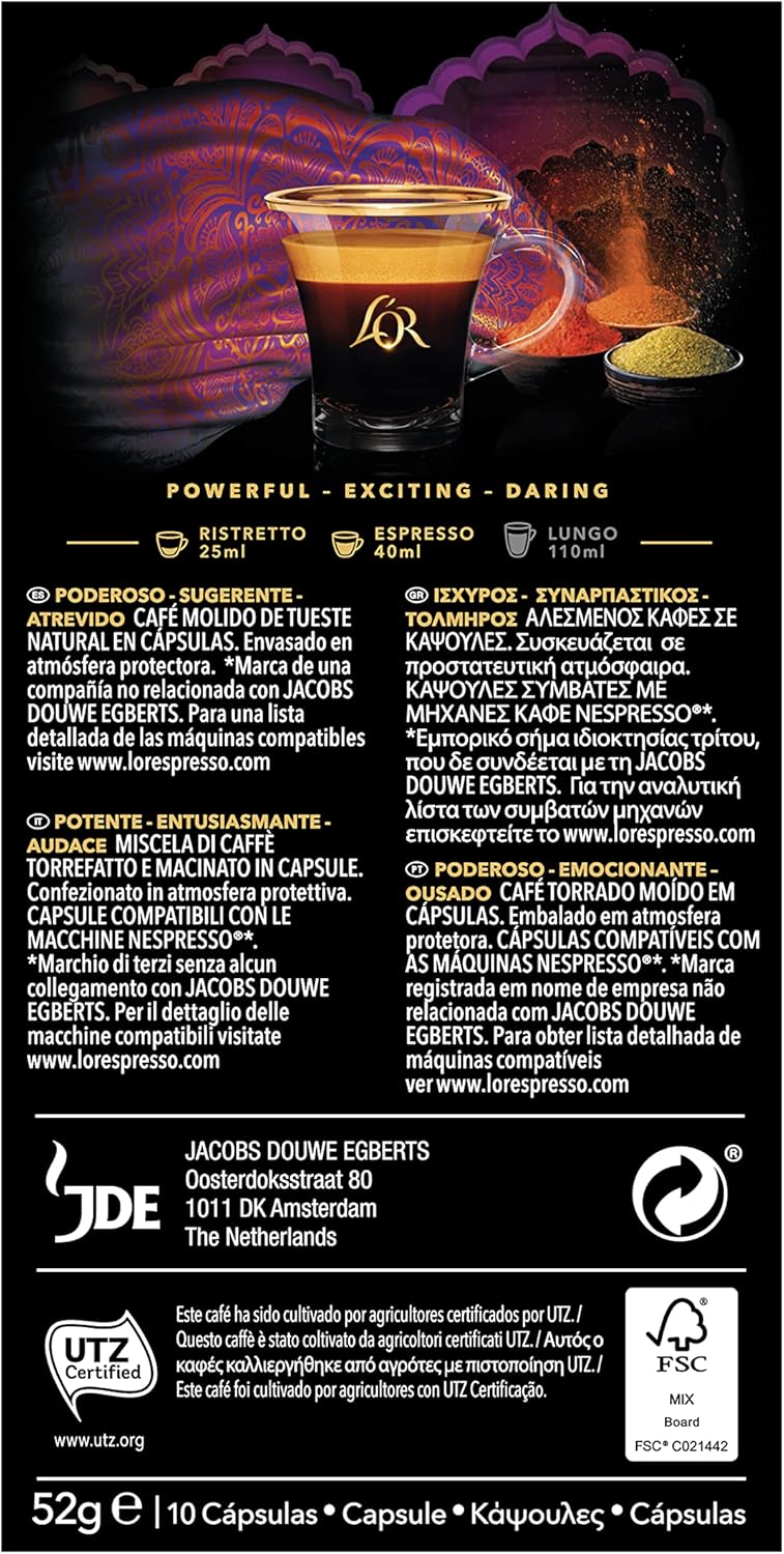 Embalagem de 5 - L'Or Espresso Café India Intensity 10 5 caixas x 10 cápsulas (50 cápsulas) compatível com Nespresso