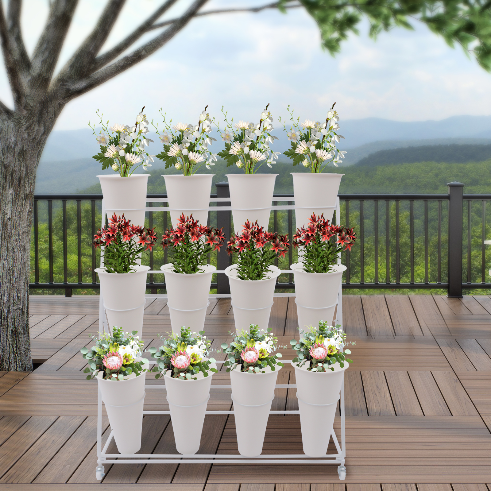 3 Layers Flower Display Stand Movable Modern Metal Plant Shelf with 12Pcs Flower Buckets & Wheels for Home Garden Patio Balcony