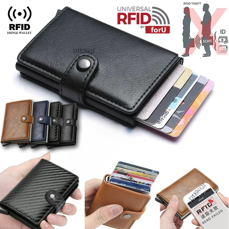 Rfid visita titular de la tarjeta de crédito almacenamiento de lujo pequeña cartera inteligente Metal tarjetero de negocios caso mujeres minimalista Walet para hombres
