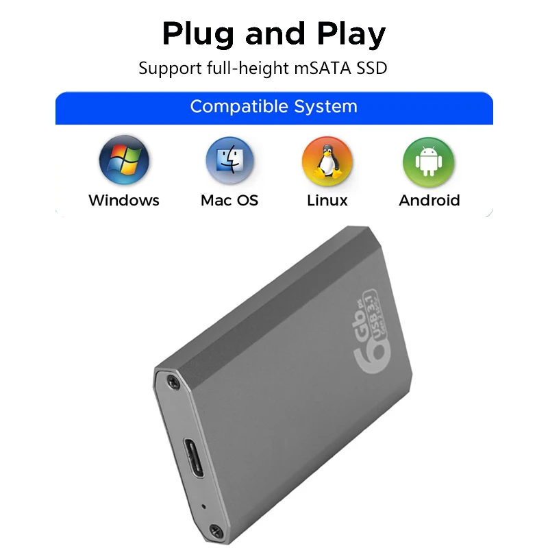 Корпус-адаптер MSATA к USB 3.1 Gen2 10 Гбит/с SSD с портом типа C для внутреннего твердотельного накопителя mSATA Жесткий диск