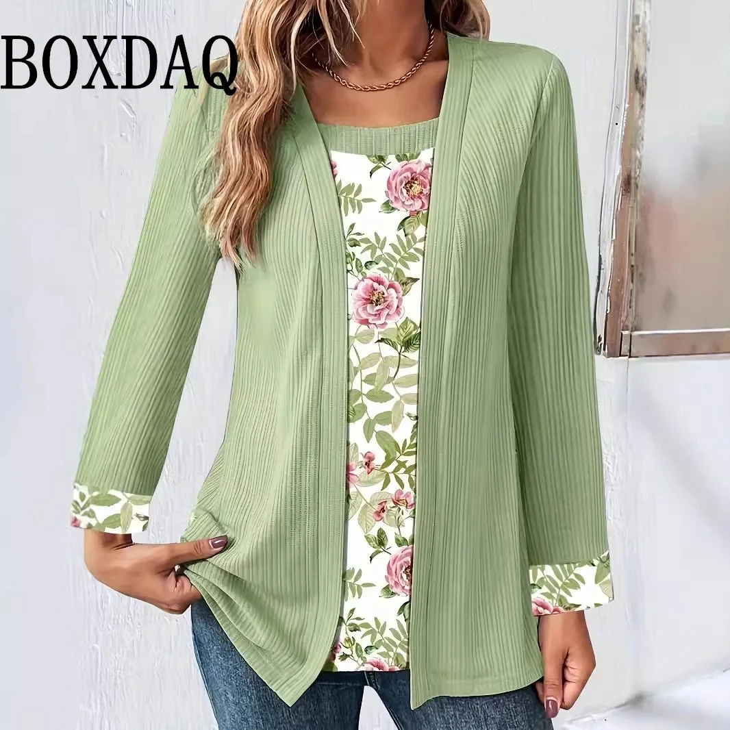 2025 neue Frühjahr Frauen T Shirts Casual Patchwork Druck Gefälschte Zwei Stücke Shirts Vintage Lange Hülse Lose Damen Plus Größe Tops 5XL