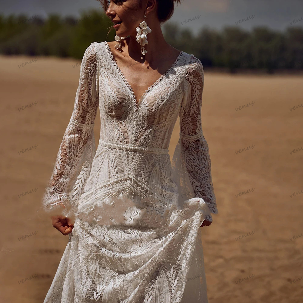 Vestidos De Novia Vintage bohemios para mujer, Vestidos De Novia con espalda descubierta y cuello en V, mangas acampanadas, bata De encaje, Vestidos De Novia personalizados 2024