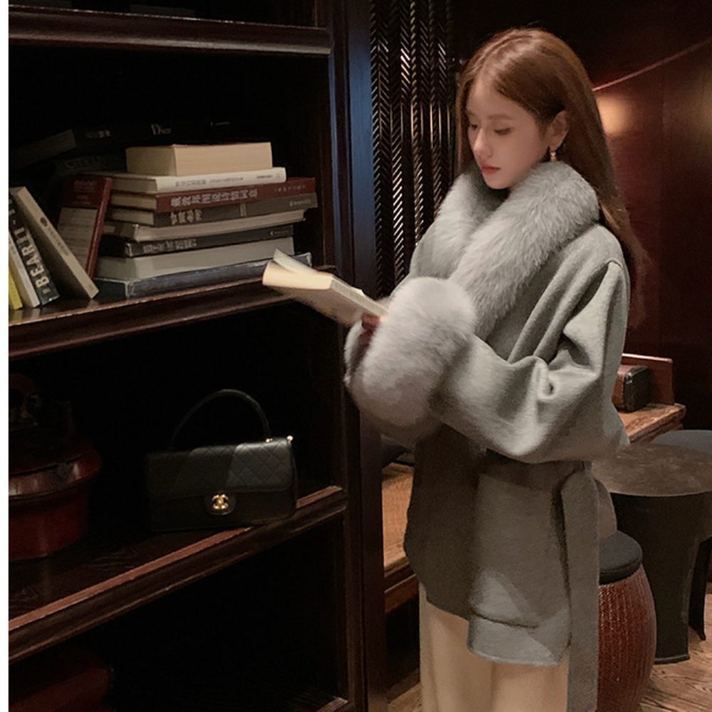 2024 moda coreana casaco de lã com cinto feminino inverno sólido gola de pele de raposa grosso quente longo senhoras rendas até casaco de lã outwear