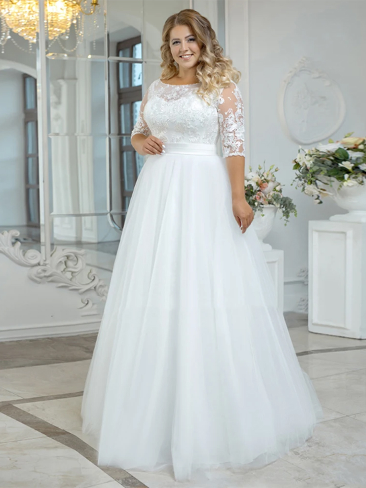 Vestidos De Noiva Com Apliques De Renda, Vestidos De Noiva De Tule, Linha A, Manga 3/4, Tamanho Grande, Branco, Charmoso, Branco