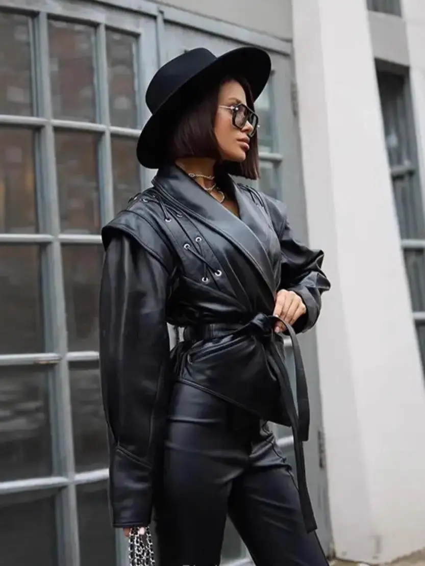 Suninherat outono jaqueta de couro falso 2025 moda preto pu casaco com cinto lapela outwear feminino