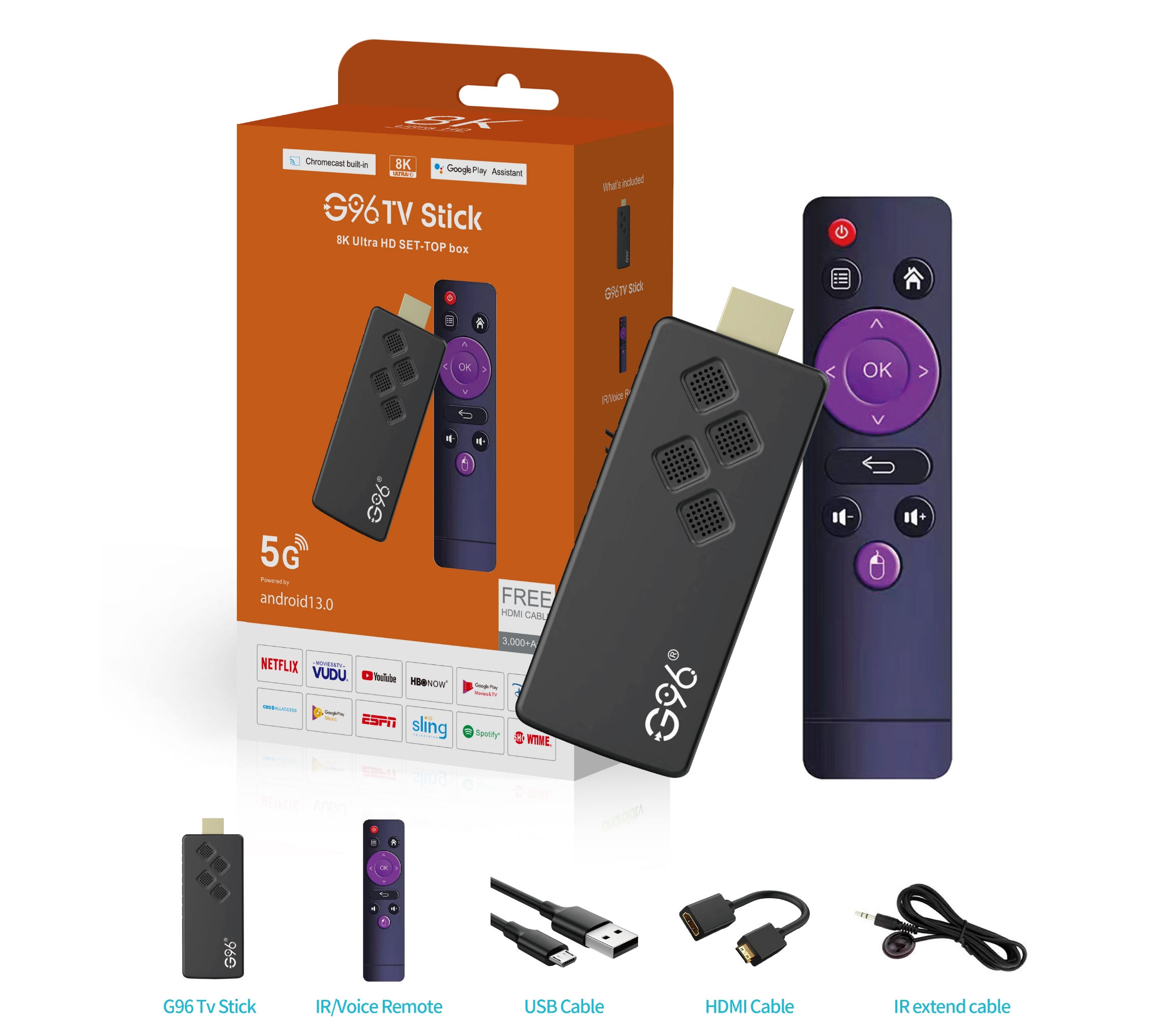 G96 TV STICK Android13 Smart TV Stick 4K HDR10 + Google Assistant Dual 2.4G + 5GWifi Youtube Multi Language Streaming Media player