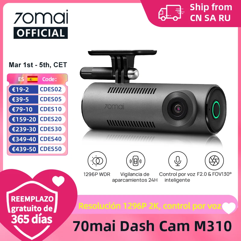 【Nuevo】 70mai Dash Cam M310 1296P Resolución 130 ° FOV Control de voz inteligente compatible 24H Guardia de estacionamiento Visión nocturna 70mai M310 Coche DVR