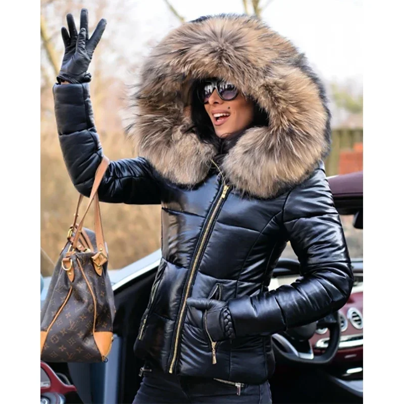 Abrigo de nieve grueso acolchado cálido de invierno para mujer, chaqueta corta acolchada de algodón a la moda con cuello de piel y capucha de Color sólido, impermeable