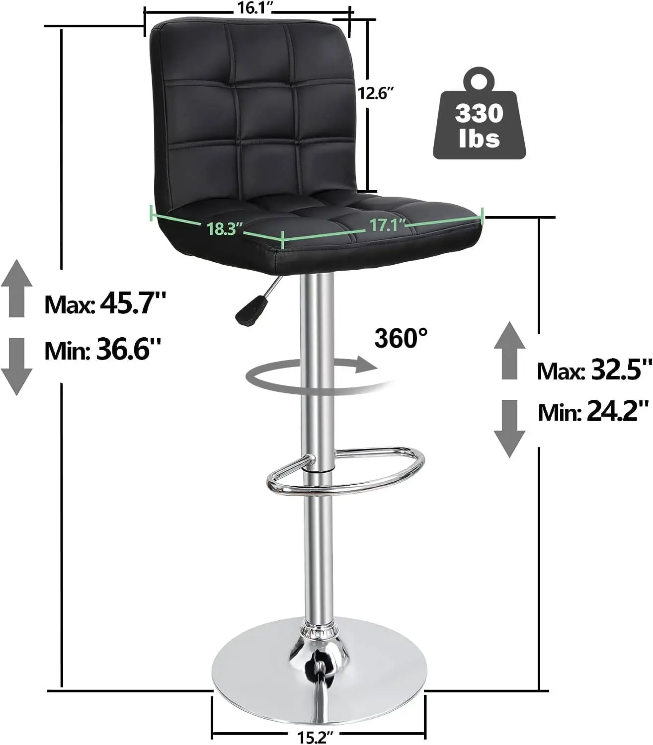 Set of 4 Adjustable Swivel Barstools, Modern PU Leather Kitchen Counter Bar Stools, Square Back Bar Stool