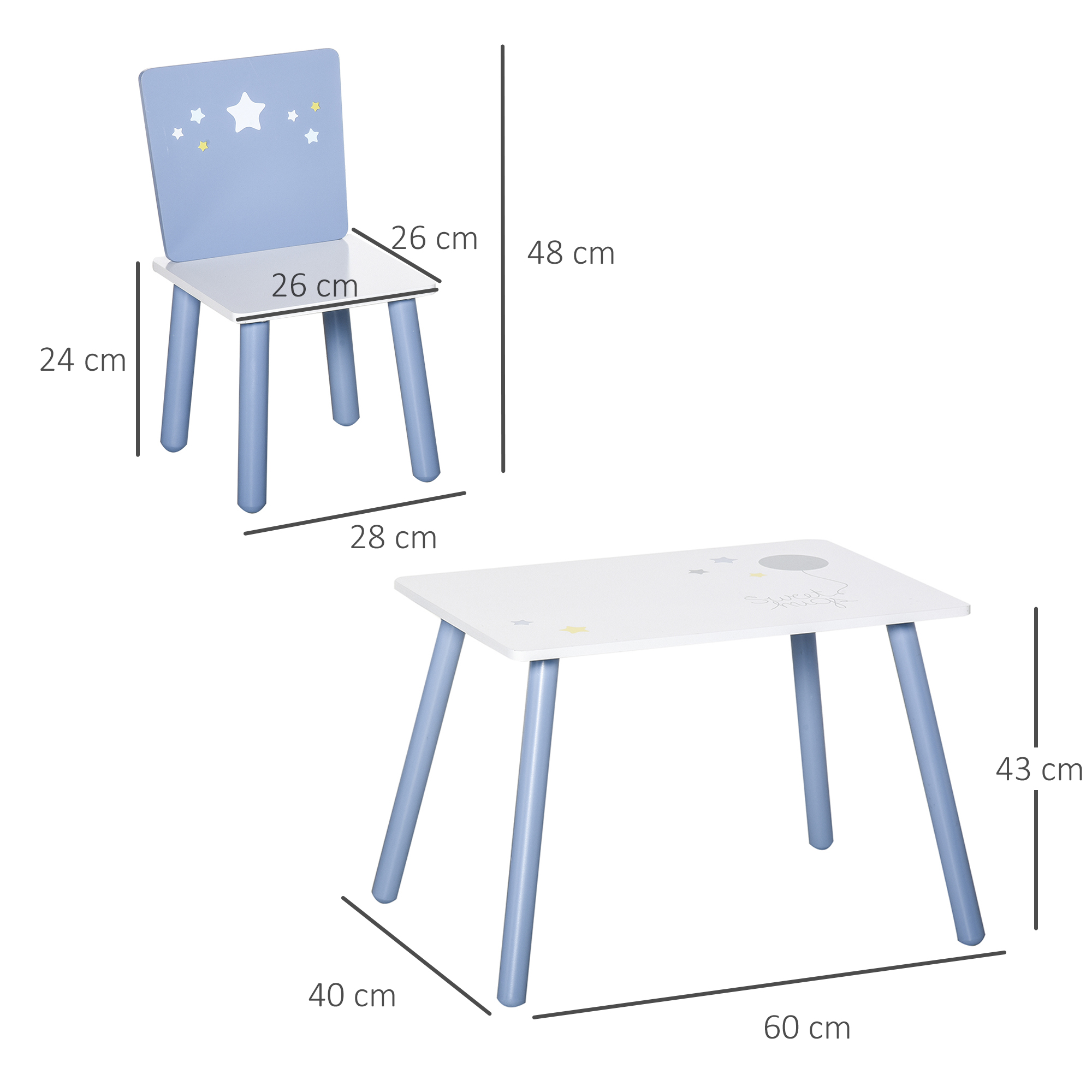 HOMCOM 3 Pcs Kids Table & Chairs Set with Wood Legs Safe Corners Cute Stars Seating Blue
