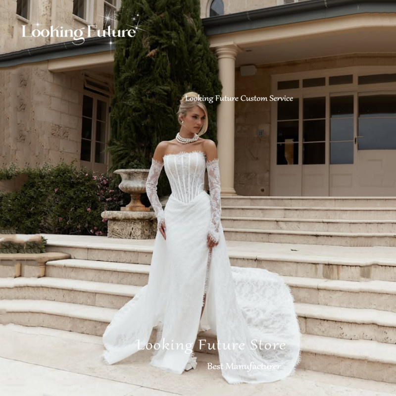 Customized Luxury Lace Appliques Mermaid Wedding Dresses White Sexy Strapless Backless Sleeveless High Slit Bridal Gowns 2026
