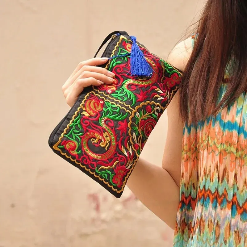 Cartera cuadrada con bordado Floral étnico con muñequera, bolso de noche, perfecto para organizar tu teléfono móvil y artículos esenciales