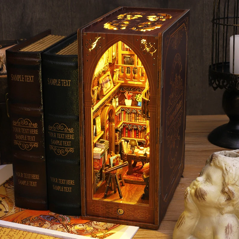DIY Book Nook Kit Miniaturowy domek dla lalek z oświetleniem LED Puzzle 3D Model budynku Drewniana półka na książki Zabawka dla dorosłych Prezent urodzinowy