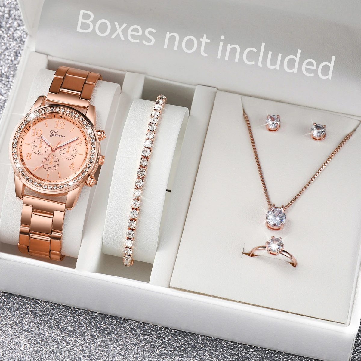 6 unids/set de relojes de cuarzo a la moda para mujer, reloj de pulsera con banda de acero inoxidable y diamantes de imitación, conjunto de joyería (sin caja)