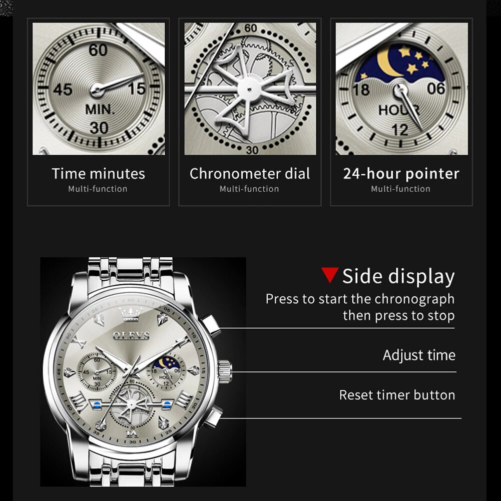 OLEVS 2856 マンウォッチ 24 時間ムーンフェイズクロノグラフ防水発光多機能オリジナル高級クォーツ腕時計男性用
