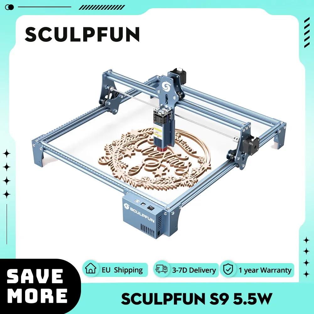 Grabador láser SCULPFUN S9 de 5,5 W, punto comprimido ultrafino de 0,06 mm, láser de diodo, alta precisión de 0,08 mm, área de grabado 410*420 mm
