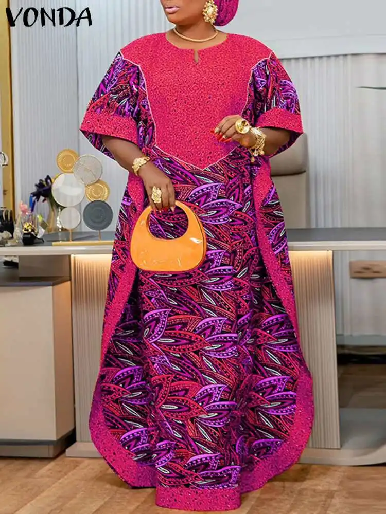 Vonda-vestido de verão longo boêmio estampado feminino, meia manga, casual, vestido maxi solto, kaftan extragrande, feriado, plus size, 5XL