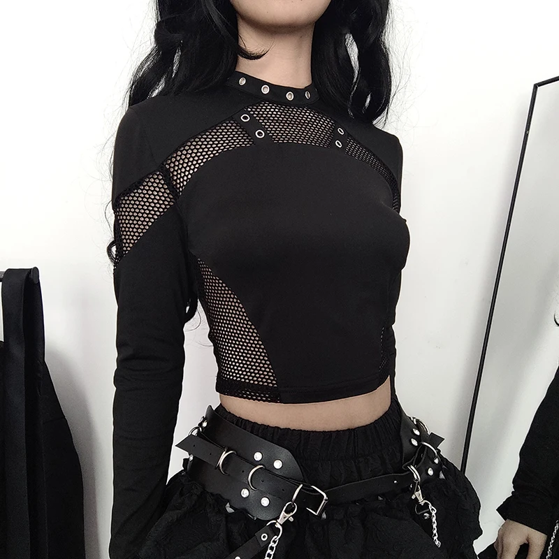 CIBBAR Gothic Black Crop Top Chic ดูผ่านตาข่าย Patchwork แขนยาว Skinny Basic เสื้อยืดผู้หญิง Punk สไตล์เย็บเสื้อ T