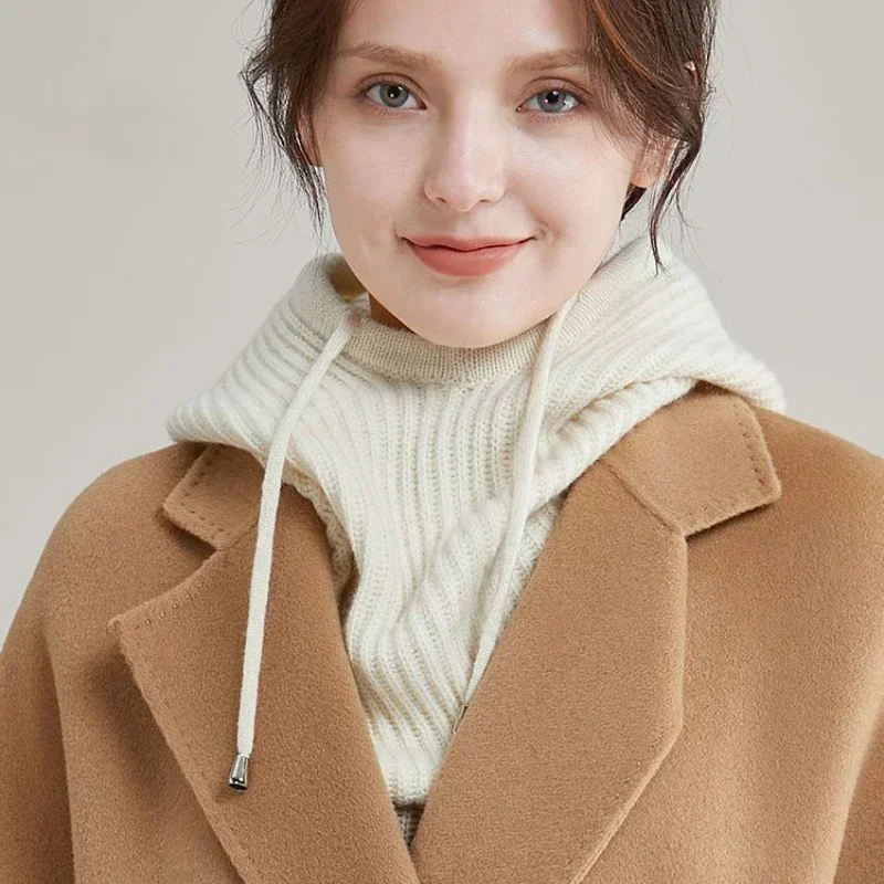 Gorro de punto Unisex para hombre y mujer, gorro con cuello y capucha de Cachemira sintética, gorro grueso con cordón para la cabeza, gorro elástico ajustable, 2024