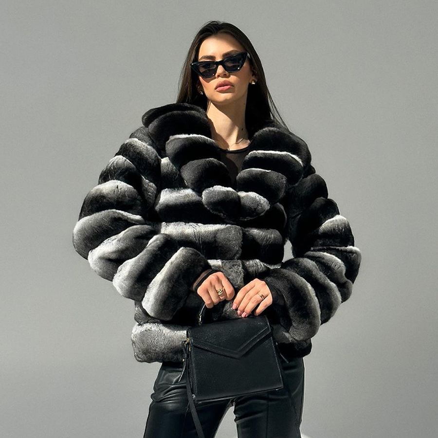 Chinchilla Fur Coats Real Rex Rabbit Fur Jacket With Stand Collar Short Fur Coat Women Warm Winter Outerwear