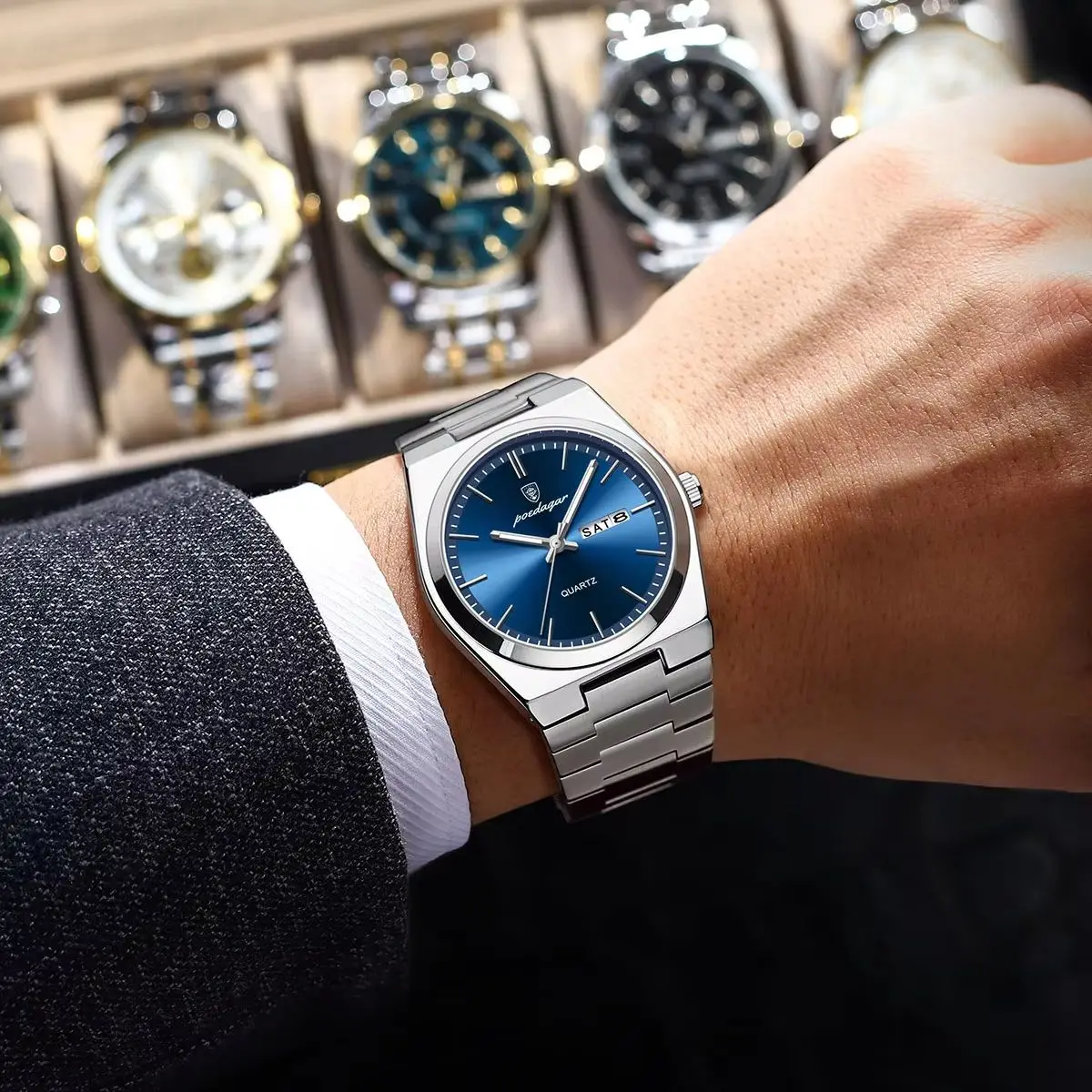 POEDAGAR Luxe zakelijke horloges voor heren Datum Week Roestvrij staal Waterdicht Lichtgevend herenhorloge Hoge kwaliteit quartz herenhorloge