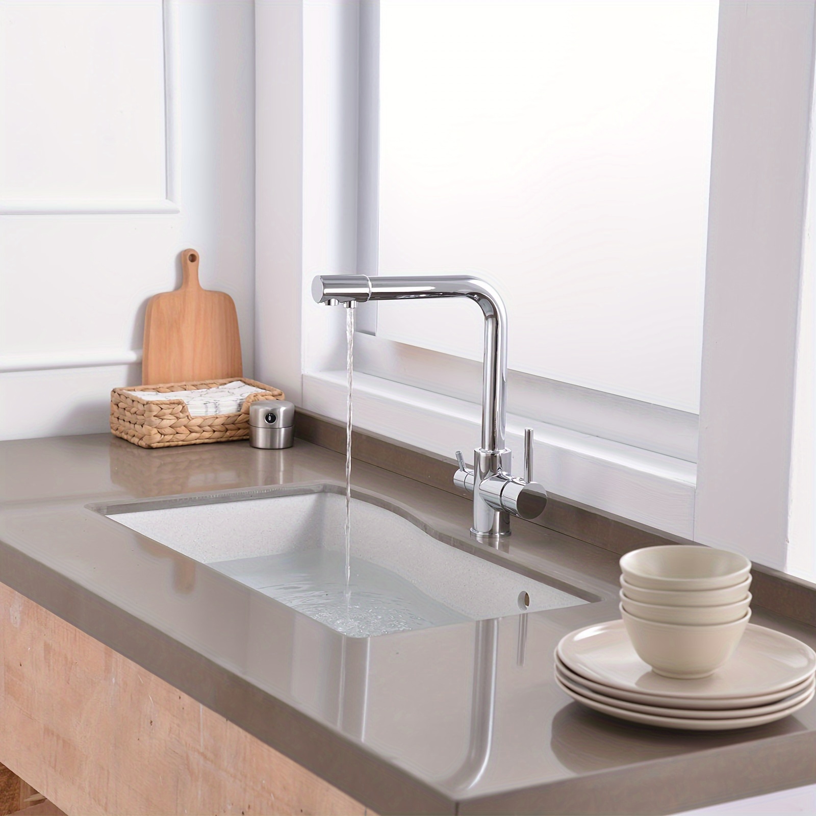Grifo de cocina chromé, caño giratorio doble, filtro purificador de agua potable, fregadero de latón, grifo mezclador 3 en 1