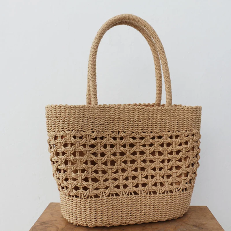 ผู้หญิงฟางกระเป๋าถือขนาดใหญ่ฤดูร้อน Beach Tote ทอรอบด้านล่างกระเป๋าถือไหล่กระเป๋า Vocation กระเป๋าถือ K5DA