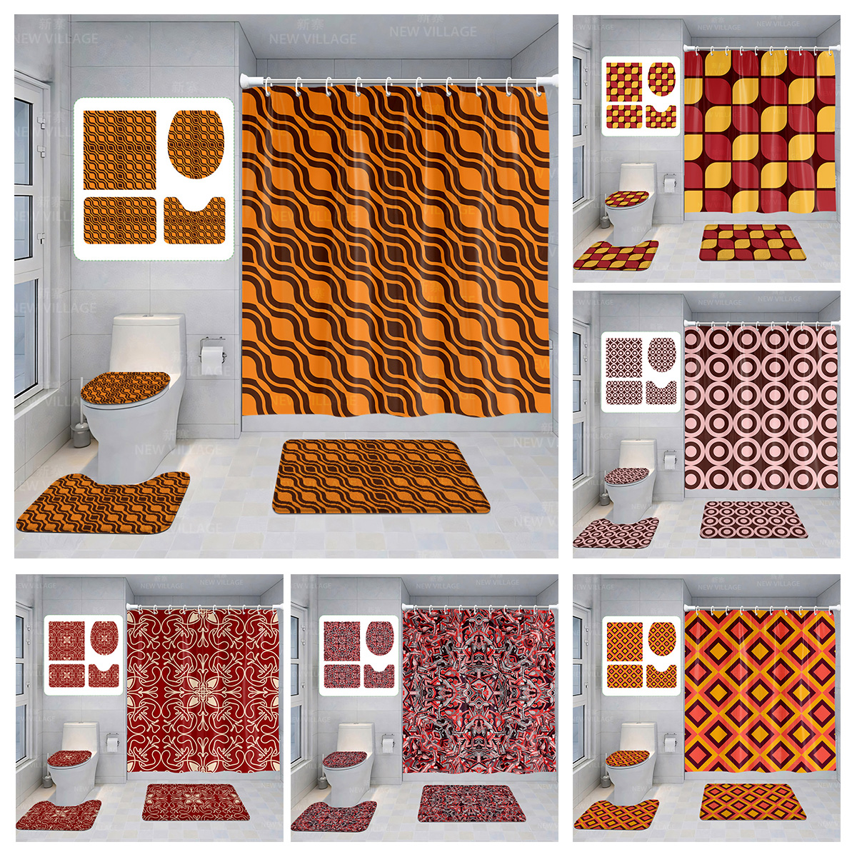 Tirai kamar mandi rumah, dekorasi kain tahan air non-slip keset kamar mandi penyerapan air Modern geometris Nordik sederhana