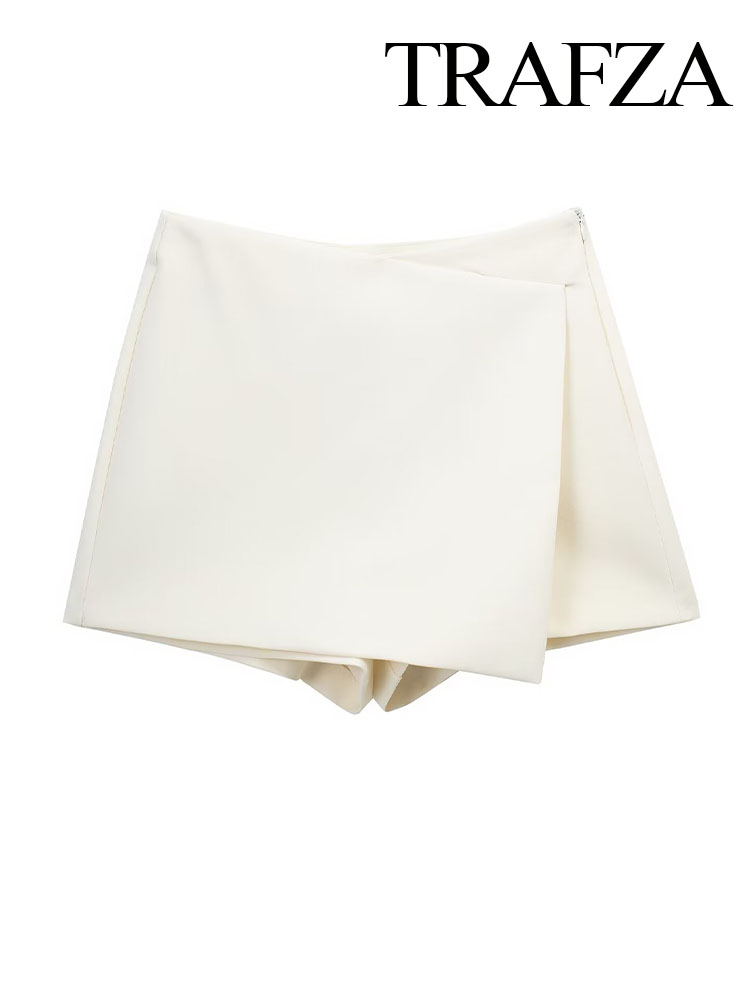 TRAFZA, nueva moda para mujer, pantalones cortos lisos de cintura alta con cremallera para mujer, ropa informal ajustada 2024