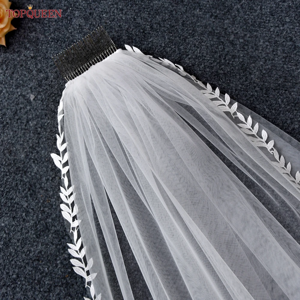 TOPQUEEN V129 ผ้าคลุมหน้างานแต่งงานสั้นLeaf Vine Applique Edgeธรรมดาผ้าคลุมหน้าเจ้าสาวOne Laye Elegant Rochiiอุปกรณ์จัดงานแต่งงานขอบ