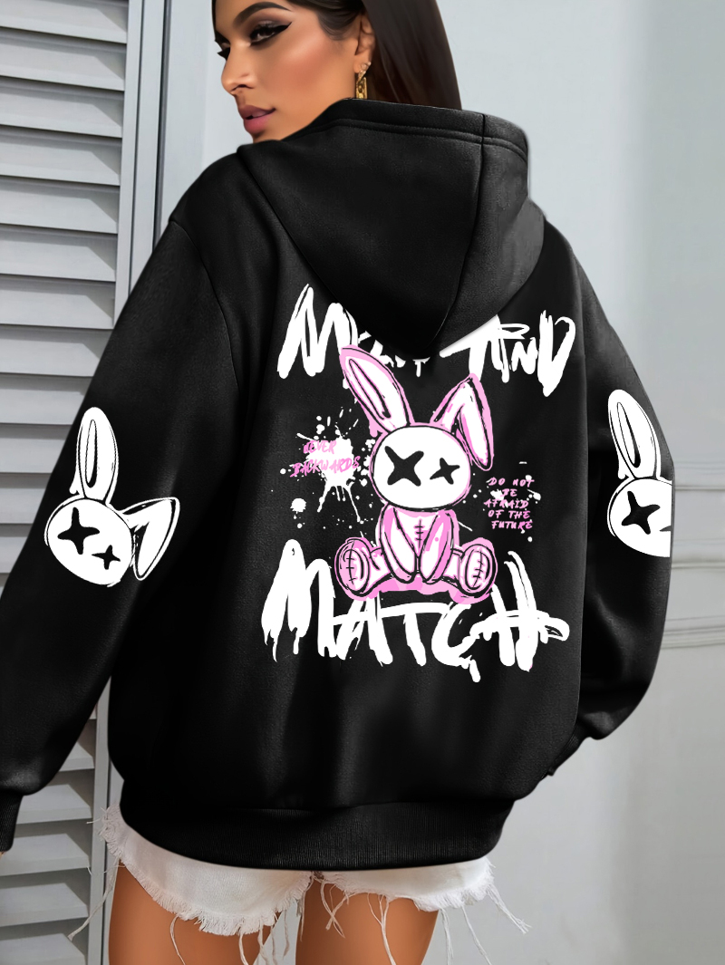 Mix Und Spiel Cartoon Kaninchen Drucke Frauen Hoodie Tasche Streetwear Harajuku Lose Hoody Alle-Spiel Fleece Weibliche Kleidung